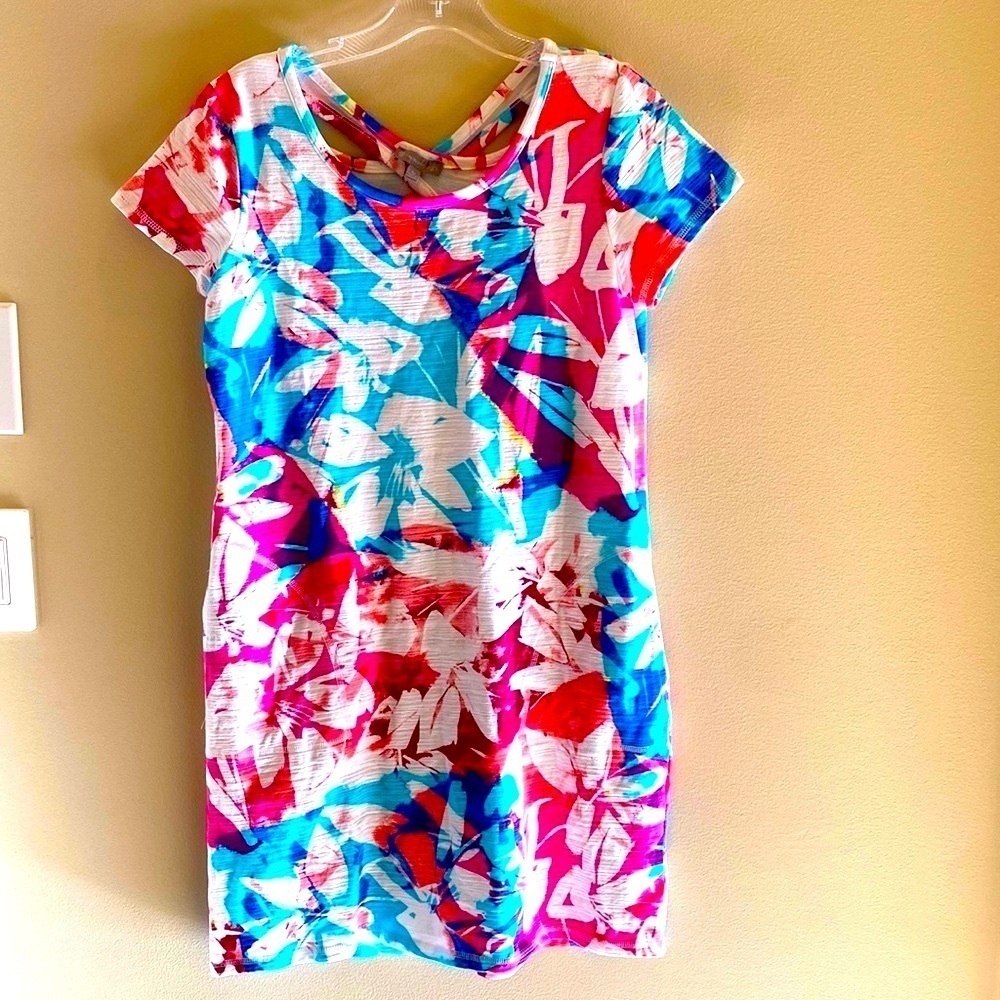 Talbots UPF 50+ Cotton Modal Beach Cross Back Dress Pink Blue Sz SP